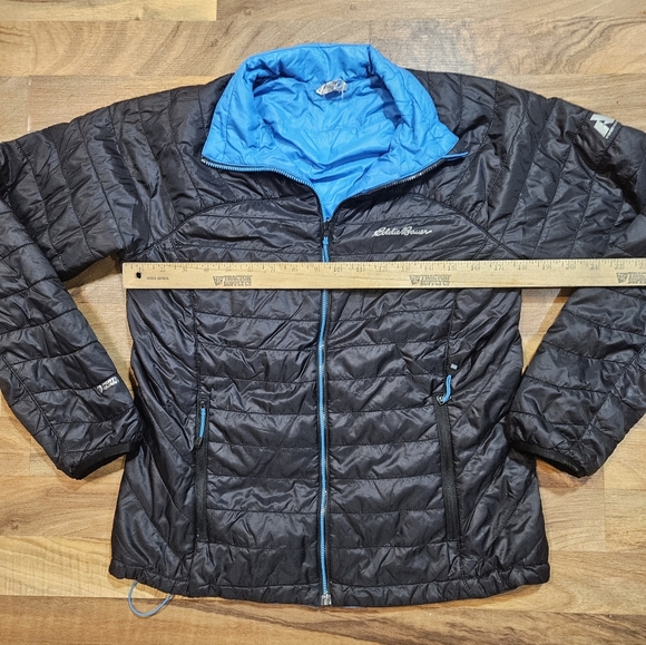 Eddie Bauer Women's M Reversible Puffer Jacket Black Blue Quilted Insulated Coat - Picture 6 of 8